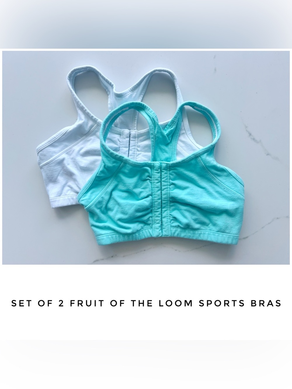 Set of 2 Fruit of the Loom sports bra size 34 Small front closure green white
